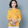 エスニック服2023年の女性中国のトップスタンスーツ刺繍チョンサムトップハンフイエロースタイル女性TA1961