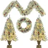 Decorative Flowers Pre-lit Xmas Tree Artificial Christmas 4-Piece Set Garland Wreath And Of 2 Entrance Trees X-mas