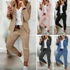 Robes de travail 2 Pièces/ensemble Femmes Manteau Pantalon Ensemble Affaires Couleur Unie Cordon Taille Élastique Revers Slim Fit Blazer Pantalon Costume