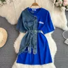 Casual Dresses Vintage Hong Kong-Style Waistband Robes 2023 Summer O-Neck Color-Blocking Denim Dress Chic Casual Medium A-Line Vestidos