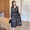 Casual Dresses Black Floral Crochet Spring Lace Dress Women V-Neck Elegant Mesh High Waist Long Midi Plus Size Runway D234