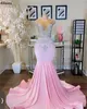 Pink Arabic Aso Ebi Mermaid Prom Dresses Stunning Crystals Rhinestones Sheer Neck Sexy Special Occasion Party Gowns Slim Fitted Plus Size Vestidos De Festa CL2168