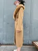 FURE FURE FUAX FUA RR1534 CAMEL Odłączony Big Flear Futro Kołnierz Wool Blends Coats Womens X Long Loose Wino Wool Tacets Pas związany na talii 231115
