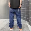 Męskie dżinsy retro muchy pies nadruku luźne luźne proste kobiety mężczyźni High Street Gorentsize Casual Denim Pants Harajuku Hip Hop Wash Spodni 230414