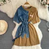 Casual Dresses Vintage Hong Kong-Style Waistband Robes 2023 Summer O-Neck Color-Blocking Denim Dress Chic Casual Medium A-Line Vestidos