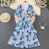 Casual Dresses Women's Vintage Birds Print Three Quarter Sleeve V Neck Long Dress Lady Summer Streetwear Holiday Party A Line