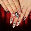 False Nails 24st Halloween Press On Nails Long Stiletto French Fake Nails Scary Skull Skeleton Red Full Cover Black Blood Matte Gothic Nail YQ231115