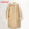 Women's Fur Faux 2023 Women Long Two Sides Wearing Warm Winter Coat Ladies Beige 100 Real Sheepskin Shearling Overcoat 231114