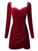 Casual Dresses Adyce Autumn Winter Red Velvet Long Sleeve Dress for Women Sexig Square Collar Diamonds Celebrity Club Runway Party Kvinna