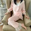 Women's Sleepwear Autumn Winter Women's Lolita Flannel Ruffle Pajama Sets.Lace TopsPants.Vintage Ladies Girl's Pyjamas Set.Sleepwear Loungewear 231115