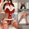 Sexy Set Weihnachten Sexy Unterwäsche Rot Niedlich Sexy Fuzz Ball Dreipunkt Offener Schritt Bunny Verführung Bodysuit Mesh Socken Sets Geschenke 23115