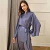 Slaaplounge voor dames 2023 Nieuw Effen met riem Nachtkleding Zijde Dun Casual Homewear Eenvoud Losse nachtjapon V-hals Nachtkleding Damespyjamaset zln231115