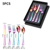 Upscale 5pcsset Tableware Set Rose Golden Spoon Fork Knife Dinnerware Black Flatware Colorful Rainbow Gold Cutlery Box