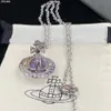 24SS Designer Viviennewestwood Empress Dowager of the West 3d Saturn Purple Ball Necklace Women's Classic Ufo Planet Full Diamond Clavicle Chain High Edition