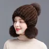 Beanie/Skull Caps Winter Real Mink Fur Hat For Women Sticked Mink Fur Ear Warm Cap Spiral Beanies Cap med Fox Fur Pompom på topp 231115