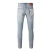 Men s jeans 2023 Ankomst lila varumärke High Street Light Blue Denim Slim Fit Washed Damaged Destoed Hole Stretch Solid 231114