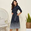 Casual Dresses Girls Autumn Winter Navy Blue Retro Polka Dot Långärmad klänning Kvinnor Elegant prickad snörningsknapp En linje Bohemian