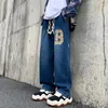 Mäns jeans män europeiska stil brev broderier flätat rep casual baggy mäns mode hip hop rakt löst bred ben denim