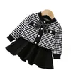 kids designer clothes girl Clothing Sets stripes sweater cardigan black white Pleated skirt children coat