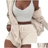 Tweedelige jurk Dames Polyester Thuispyjama Driedelige set Zacht Y-slee Winter Pluche Casual Slaapkamervest Blouse Korte broek Vest D Dhzqw