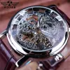 Gagnant Royal Carving Squelette Bracelet En Cuir Marron Transparent Mince Cas Squelette Conception Montre Montres Hommes Marque De Luxe Horloge Men19294f