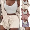 Tweedelige jurk Dames Polyester Thuispyjama Driedelige set Zacht Y-slee Winter Pluche Casual Slaapkamervest Blouse Korte broek Vest D Dhzqw