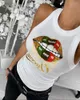 Kvinnors tankar 2023 Summer Women Round Neck White Lip Letter Pullover Topps Casual Slim Fit Skinny T-Shirts Female Clothes One Piece