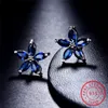 Stud Luxury Female Natural Blue Sapphire örhängen 925 Sterling Silver Wedding Earrings for Women Vintage Square Flower Studörhängen 231115