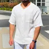Camisas casuais masculinas 2023 verão masculina solta camisa de linho de algodão manga curta blusa folgada cardigã para roupas masculinas blusas clássicas