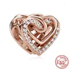 Löst ädelstenar Rose Gold Series Pink Zircon Leaves Heart Pendant Sparkling Clip Bead Fit Charm Armband DIY 925 Silver Jewelry