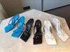 Package Chic Sky Blue V Strap Stretch Sandal Designer Heels Stable Sole äkta läderskor