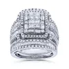 Bague solitaire rétro pour femmes, bague en pierre de cristal blanc, bague de mariage classique en argent, breloque Bride Plaza, grande bague de fiançailles, ensemble 231115