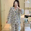 Damen-Schlaf-Lounge, Sommer, Frühling, japanische Nachtwäsche, langärmeliger Baumwoll-Seiden-Pyjama-Anzug, dünn, lässig, Heimkleidung, Damen- und Mädchen-Pyjama-Sets in großer Größe, zln231115