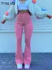 女子ジーンズストリートウェアY2Kフレアジャンハイウエスト90年代ファッションピンクスレッチバギーママワイドレッグパンツエレガントデニムズボン231114