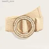 Riemen Vintage PP gras geweven riem voor dames zomerjurk accessoire Boheemse stijl handgemaakte ronde houten ingelegde kralengesp elastische riem Q231115