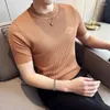 Men's T Shirts Summer Knitted Plaid T-shirt For Men Short Sleeve Slim Casual Tshirts Fashion Business Social Tees O-Neck Tops Clothing 2023