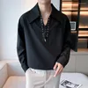 Casual shirts van herenriemontwerp v nek mannen lange mouw T Koreaanse mode Harajuku Punk Oversized Tops T -SE Black White Office Interview