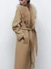 FURE FURE FUAX FUA RR1534 CAMEL Odłączony Big Flear Futro Kołnierz Wool Blends Coats Womens X Long Loose Wino Wool Tacets Pas związany na talii 231115