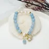 Strand azul pedra frisada pulseira retro estilo chinês mão corda hanfu jóias presente feminino menina contas de cristal