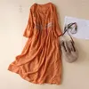 Casual Dresses Vintage Chic Solid Color Stitching Women Three Quarter Sleeve Beach Mid Calf Dress O-neck Loose Fit Summer Party Vestido M216