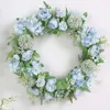 Decoratieve bloemen 15.7 inch kunstmatige lichtblauw hortensia en pioen bloemenveer krans met groene bladeren welkom voordeur voor muur