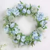 Fleurs décoratives 15.7 pouces Artificielle Bleu Clair Hortensia Et Pivoine Couronne Florale De Printemps Avec Des Feuilles Vertes Bienvenue Porte D'entrée Pour Mur