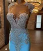 Party Dresses Long Sparkly Prom 2023 Sexig Sheer Top Luxury Diamond Light Blue Black Girls Mermaid Gala Gowns