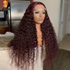 Fantastisk Bourgogne Deep Wave Spets Front Wig In 99J Red Color - 100% Human Hair, 180% Density, HD Transparent spets, 13x4 Long Curly Frontal Wig