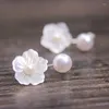 Orecchini a bottone S925 Argento sterling lucido Perle naturali Conchiglia di mare profondo Orecchino da ragazza dolce rosa