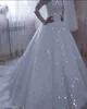 Scintillanti paillettes bianco avorio abito da ballo abiti da sposa gioiello collo maniche lunghe abiti da sposa musulmani soffio lungo strascico moderno taglie forti abiti da sposa sposa CL2927