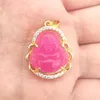 Anhänger Halsketten Charme 22X25MM Geschnitzter Buddha Magenta Grüner Jade Stein Intarsien Strass Amulett Buddhistischer Schmuck 1PCS