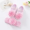 Första vandrare Spring Infant Baby Girl Shoes Born Lace Flowers Pannband Anti-halk Soft Sole Toddler Kids Cotton Dop