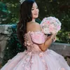 Rose chérie princesse quinceanera robes pêche à l'épaule 3d Perles de cristal floral