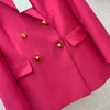 2023 Autumn Hot Pink Solid Color Woolen Blazers Långärmning hackade-Lapel-knappar dubbelbröstade utkläder B3N101756